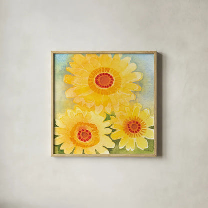 Daisy Day II by Kathrine Lovell. Shown in a natural wood glass frame for a timeless modern aesthetic. Available as an archival giclee rolled canvas, fine art paper, or poster print. SKU 85515a.