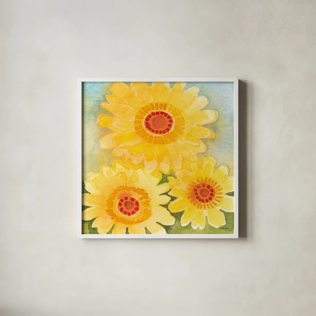 Daisy Day II by Kathrine Lovell. Shown in a crisp white glass frame for a clean and minimalist style. Available as an archival giclee rolled canvas, fine art paper, or poster print. SKU 85515a.