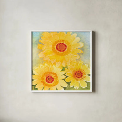 Daisy Day II by Kathrine Lovell. Shown in a crisp white glass frame for a clean and minimalist style. Available as an archival giclee rolled canvas, fine art paper, or poster print. SKU 85515a.