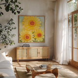 Daisy Day II by Kathrine Lovell. Shown in a natural wood frame in a cozy modern living room. Available as an archival giclee rolled canvas, fine art paper, or poster print. SKU 85515a.