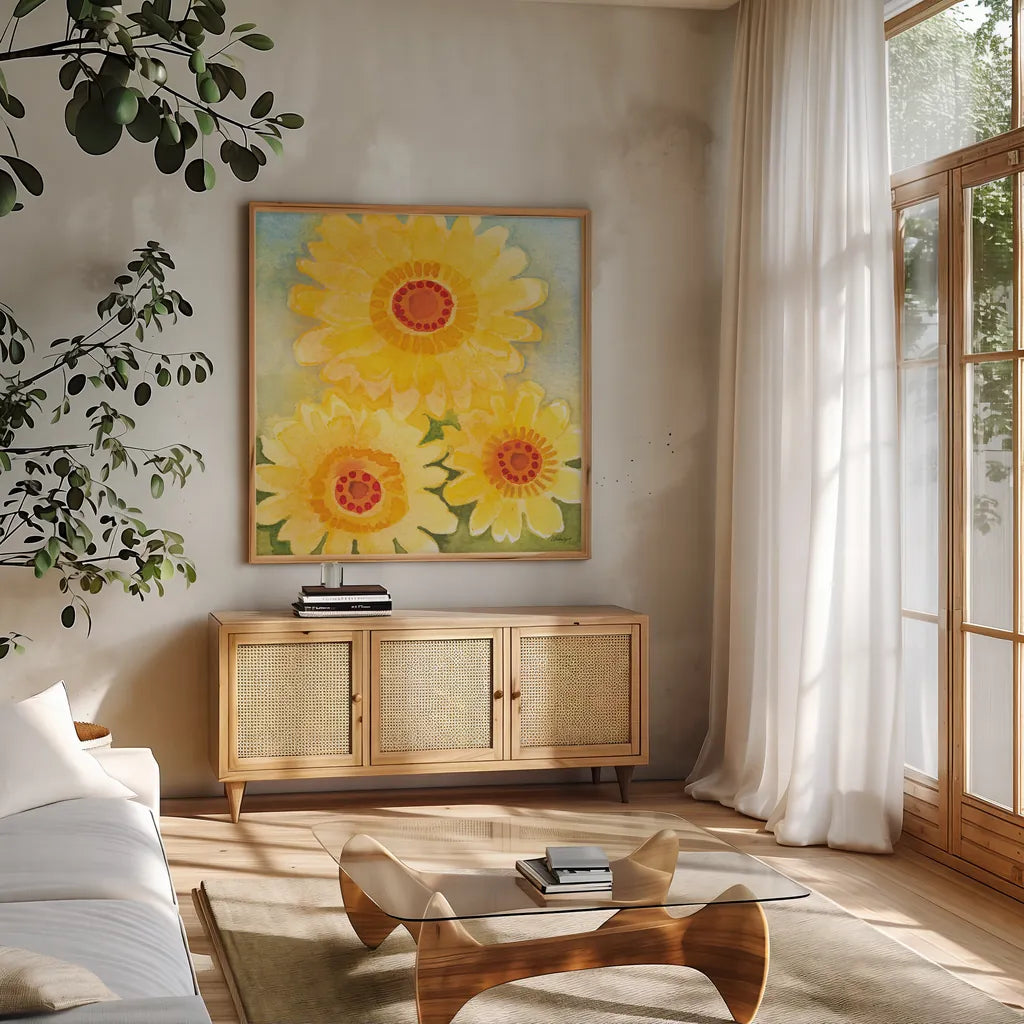 Daisy Day II by Kathrine Lovell. Shown in a natural wood frame in a cozy modern living room. Available as an archival giclee rolled canvas, fine art paper, or poster print. SKU 85515a.