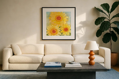 Daisy Day II by Kathrine Lovell. Displayed in a glass frame with matte in a clean modern living room. Available as an archival giclee rolled canvas, fine art paper, or poster print. SKU 85515a.