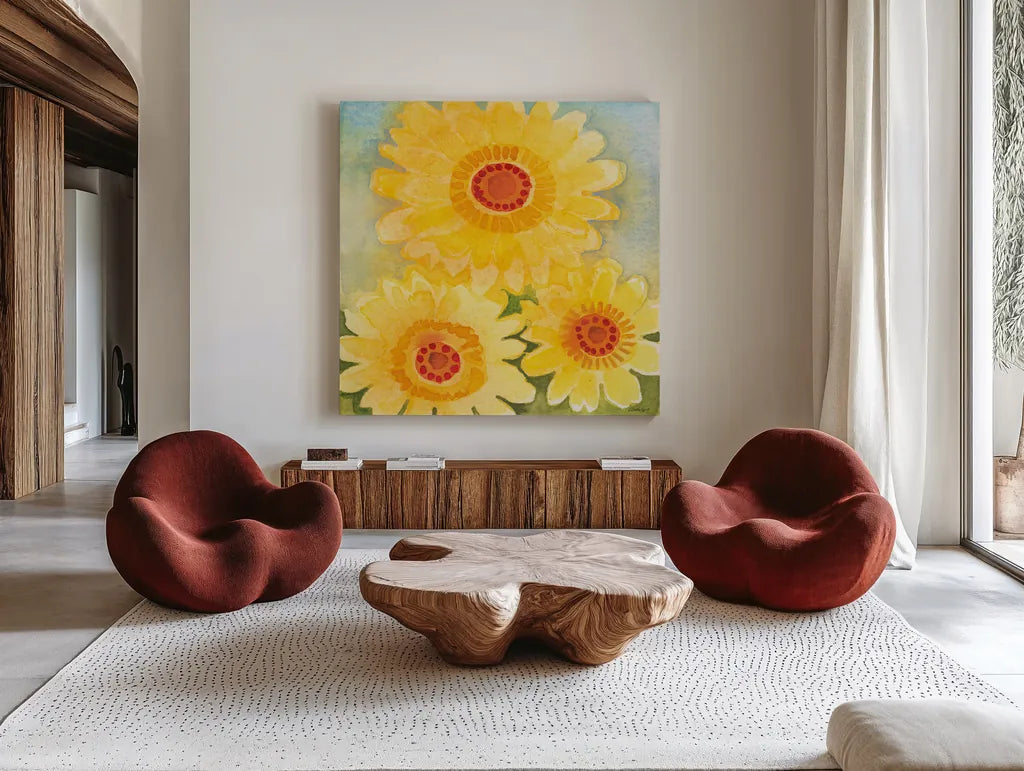 Daisy Day II by Kathrine Lovell. Shown as extra-large giant wall art in a modern living room. Available as an archival giclee rolled canvas, fine art paper, or poster print. SKU 85515a.