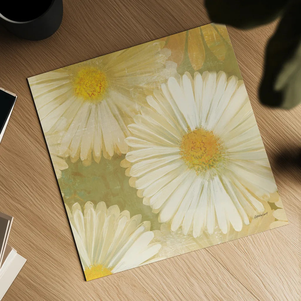 Daisy Story Square I by Kathrine Lovell. Shown as a detailed flat fine art print, highlighting archival giclee quality. Available as an archival giclee rolled canvas, fine art paper, or poster print. SKU 2080a.