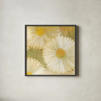 Daisy Story Square I by Kathrine Lovell. Shown in a sleek black glass frame for a contemporary gallery look. Available as an archival giclee rolled canvas, fine art paper, or poster print. SKU 2080a.