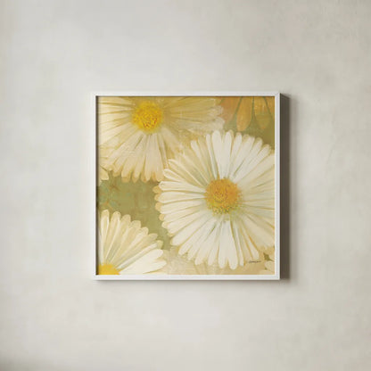 Daisy Story Square I by Kathrine Lovell. Shown in a crisp white glass frame for a clean and minimalist style. Available as an archival giclee rolled canvas, fine art paper, or poster print. SKU 2080a.