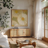 Daisy Story Square I by Kathrine Lovell. Shown in a natural wood frame in a cozy modern living room. Available as an archival giclee rolled canvas, fine art paper, or poster print. SKU 2080a.
