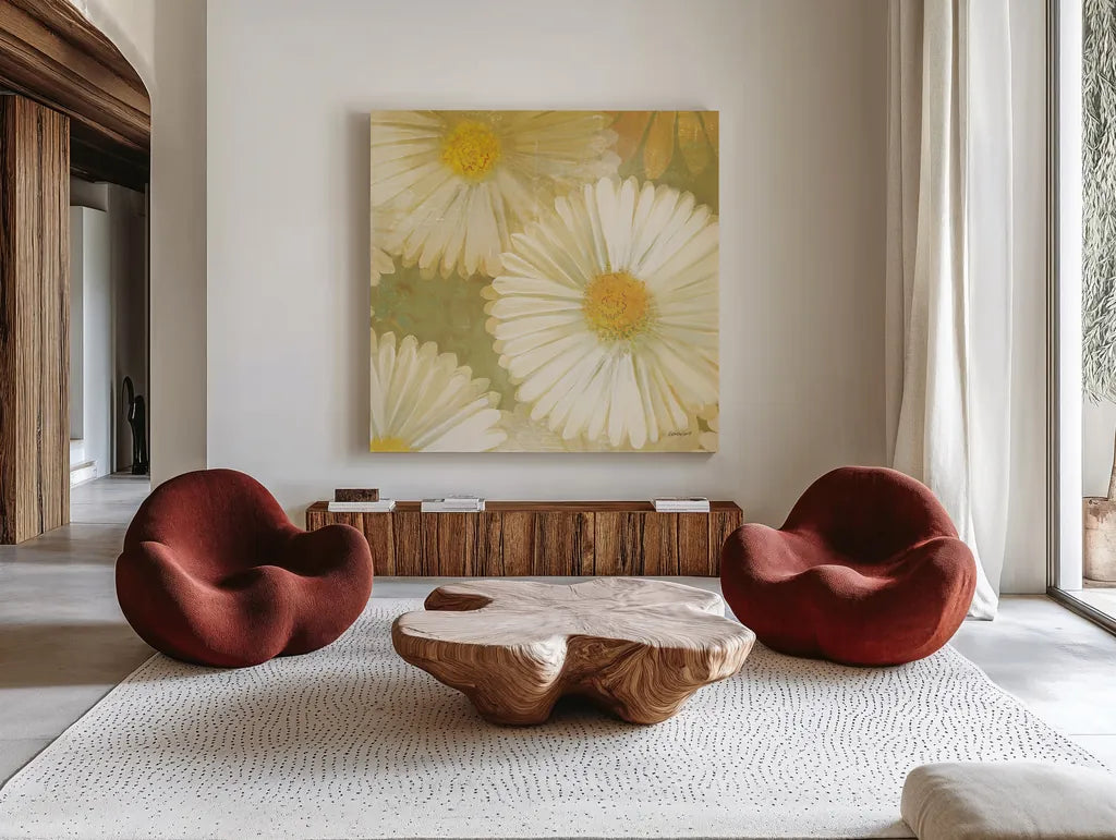 Daisy Story Square I by Kathrine Lovell. Shown as extra-large giant wall art in a modern living room. Available as an archival giclee rolled canvas, fine art paper, or poster print. SKU 2080a.