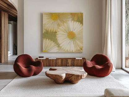Daisy Story Square I by Kathrine Lovell. Shown as extra-large giant wall art in a modern living room. Available as an archival giclee rolled canvas, fine art paper, or poster print. SKU 2080a.
