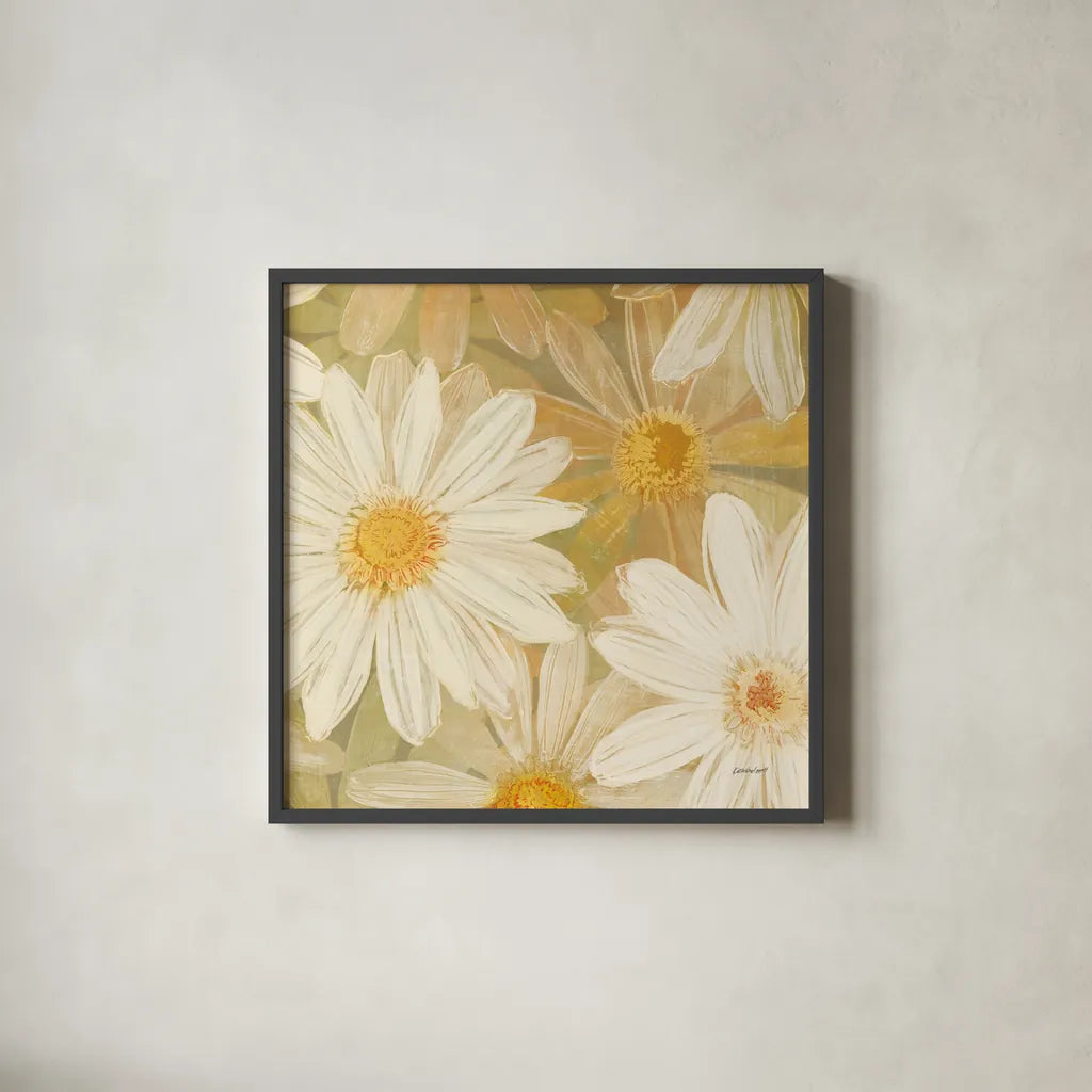 Daisy Story Square II by Kathrine Lovell. Shown in a sleek black glass frame for a contemporary gallery look. Available as an archival giclee rolled canvas, fine art paper, or poster print. SKU 2081a.