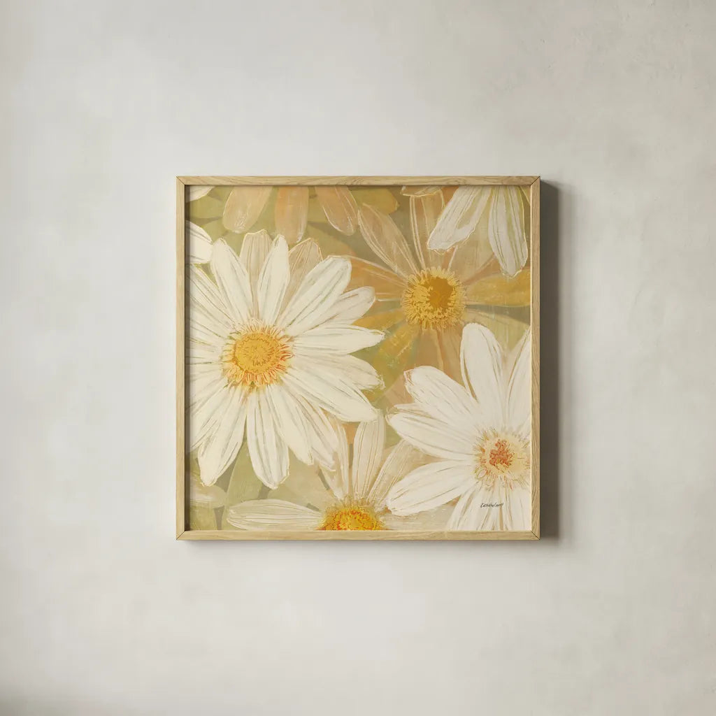 Daisy Story Square II by Kathrine Lovell. Shown in a natural wood glass frame for a timeless modern aesthetic. Available as an archival giclee rolled canvas, fine art paper, or poster print. SKU 2081a.