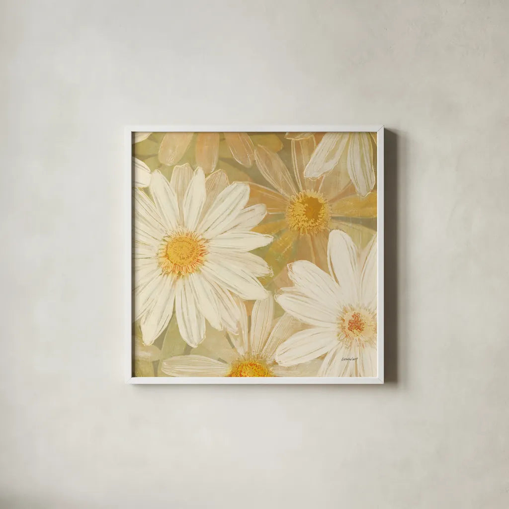 Daisy Story Square II by Kathrine Lovell. Shown in a crisp white glass frame for a clean and minimalist style. Available as an archival giclee rolled canvas, fine art paper, or poster print. SKU 2081a.