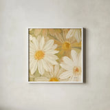 Daisy Story Square II by Kathrine Lovell. Shown in a crisp white glass frame for a clean and minimalist style. Available as an archival giclee rolled canvas, fine art paper, or poster print. SKU 2081a.