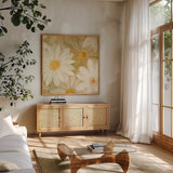 Daisy Story Square II by Kathrine Lovell. Shown in a natural wood frame in a cozy modern living room. Available as an archival giclee rolled canvas, fine art paper, or poster print. SKU 2081a.