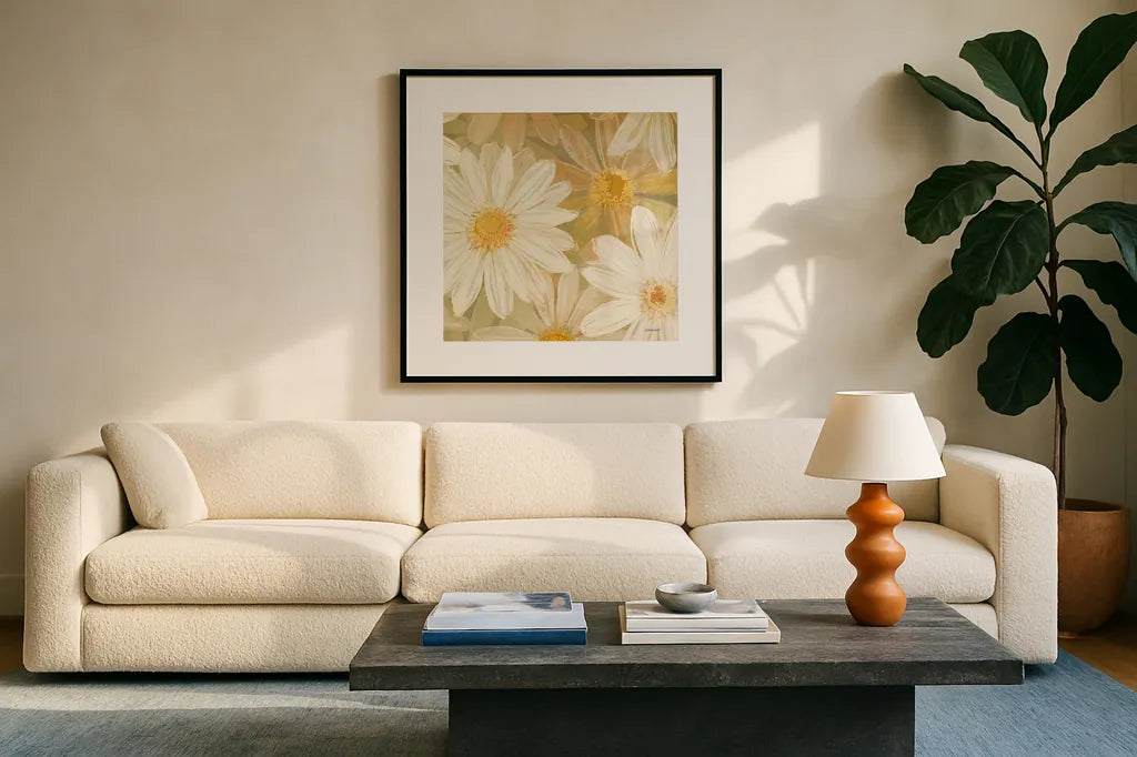 Daisy Story Square II by Kathrine Lovell. Displayed in a glass frame with matte in a clean modern living room. Available as an archival giclee rolled canvas, fine art paper, or poster print. SKU 2081a.