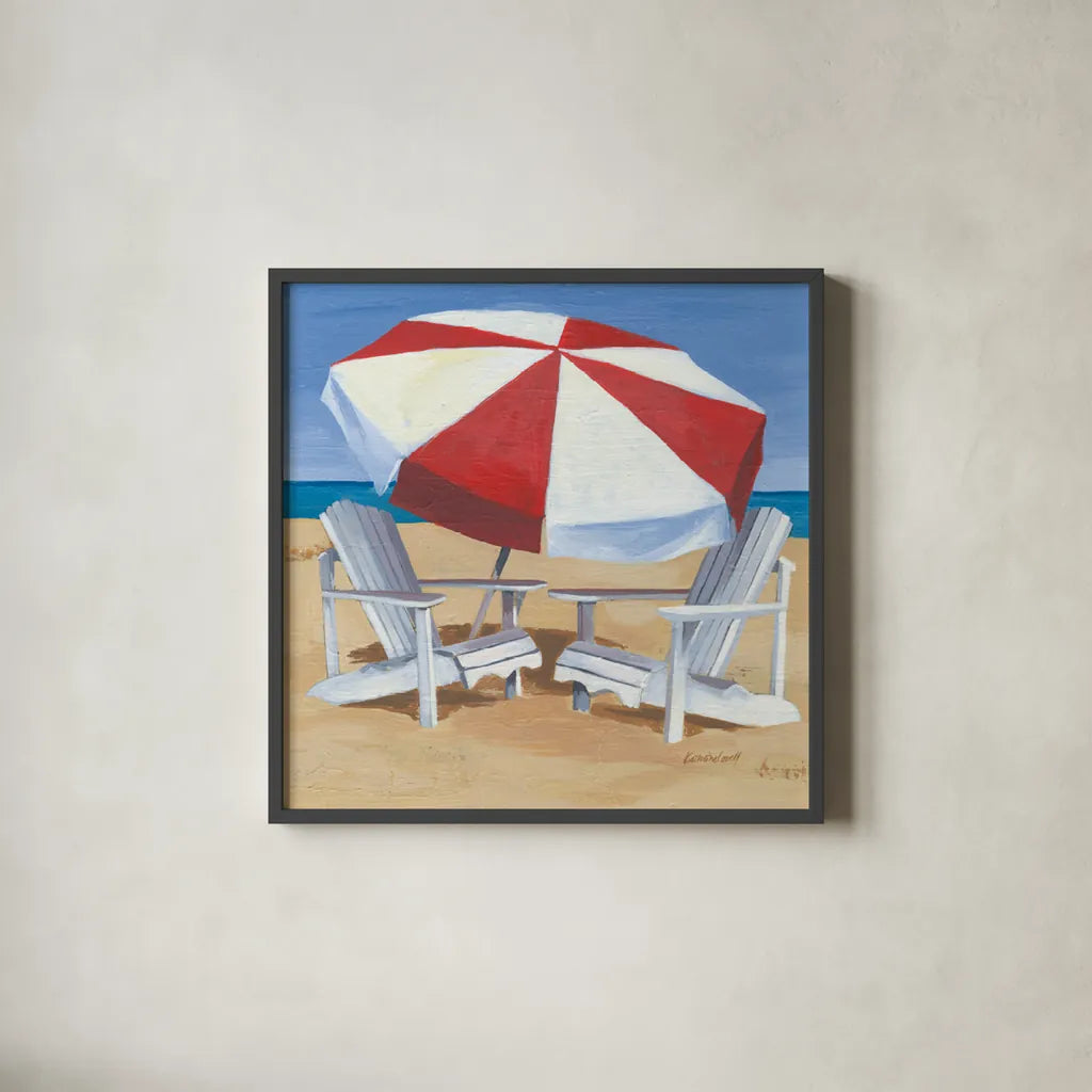 Day at the Beach III v2 by Kathrine Lovell. Shown in a sleek black glass frame for a contemporary gallery look. Available as an archival giclee rolled canvas, fine art paper, or poster print. SKU 43325a.