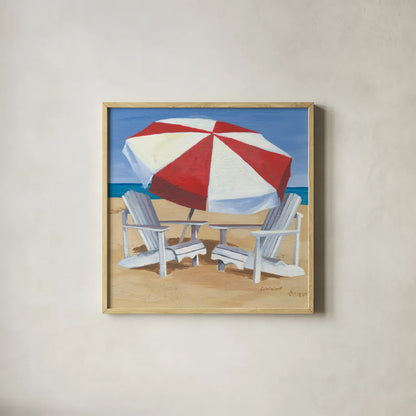 Day at the Beach III v2 by Kathrine Lovell. Shown in a natural wood glass frame for a timeless modern aesthetic. Available as an archival giclee rolled canvas, fine art paper, or poster print. SKU 43325a.