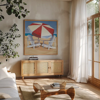Day at the Beach III v2 by Kathrine Lovell. Shown in a natural wood frame in a cozy modern living room. Available as an archival giclee rolled canvas, fine art paper, or poster print. SKU 43325a.