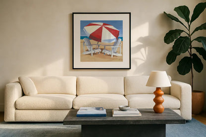 Day at the Beach III v2 by Kathrine Lovell. Displayed in a glass frame with matte in a clean modern living room. Available as an archival giclee rolled canvas, fine art paper, or poster print. SKU 43325a.