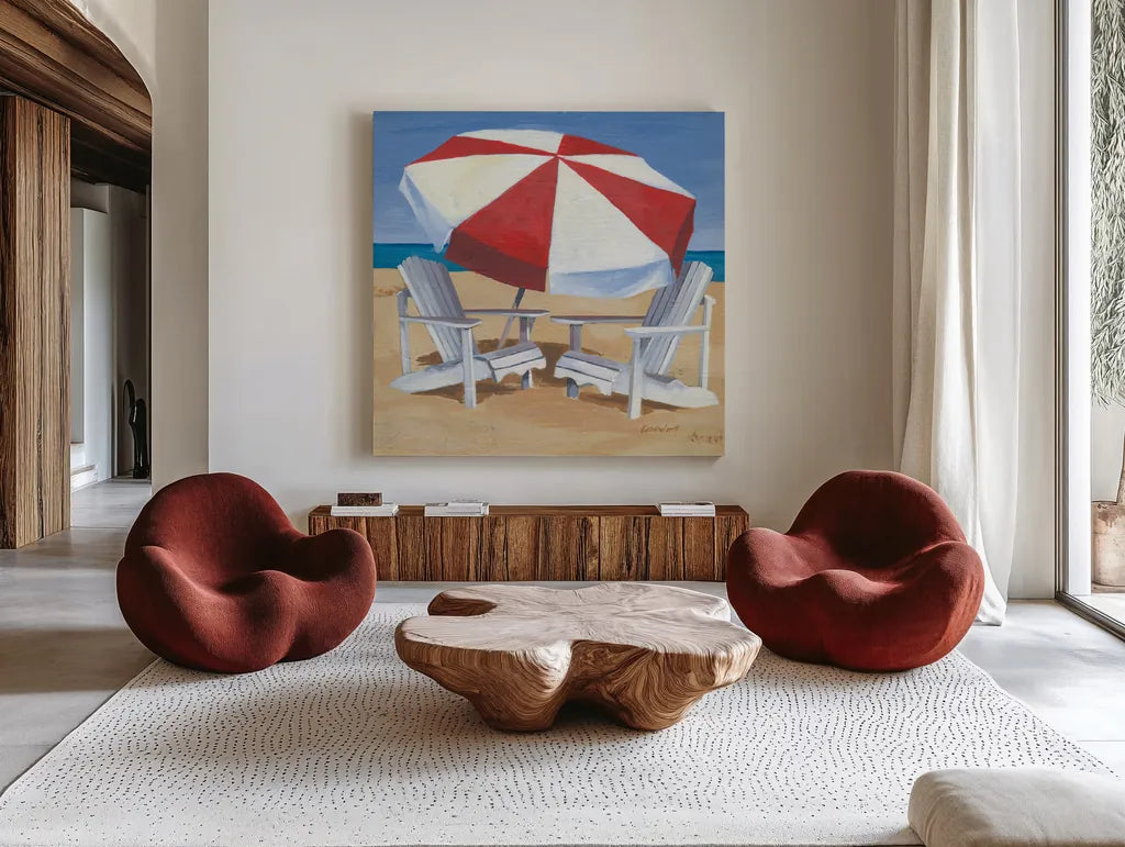 Day at the Beach III v2 by Kathrine Lovell. Shown as extra-large giant wall art in a modern living room. Available as an archival giclee rolled canvas, fine art paper, or poster print. SKU 43325a.