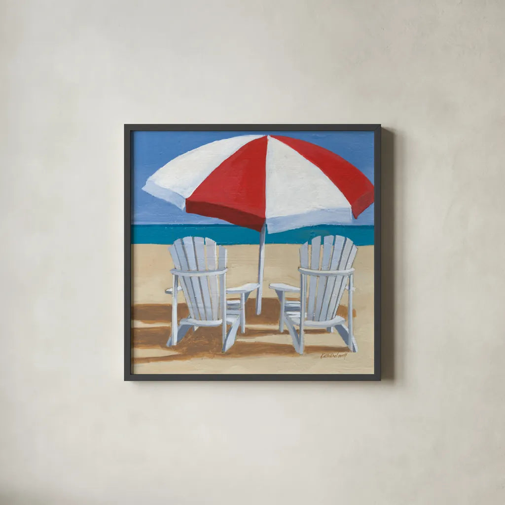 Day at the Beach IV v2 by Kathrine Lovell. Shown in a sleek black glass frame for a contemporary gallery look. Available as an archival giclee rolled canvas, fine art paper, or poster print. SKU 43326a.