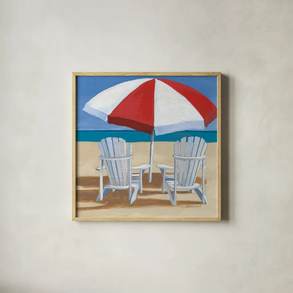 Day at the Beach IV v2 by Kathrine Lovell. Shown in a natural wood glass frame for a timeless modern aesthetic. Available as an archival giclee rolled canvas, fine art paper, or poster print. SKU 43326a.