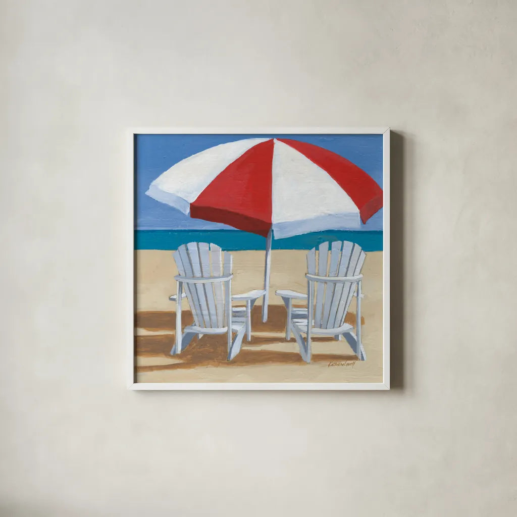 Day at the Beach IV v2 by Kathrine Lovell. Shown in a crisp white glass frame for a clean and minimalist style. Available as an archival giclee rolled canvas, fine art paper, or poster print. SKU 43326a.