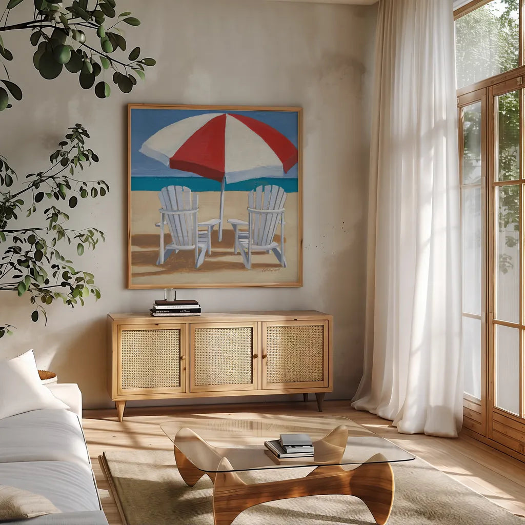 Day at the Beach IV v2 by Kathrine Lovell. Shown in a natural wood frame in a cozy modern living room. Available as an archival giclee rolled canvas, fine art paper, or poster print. SKU 43326a.