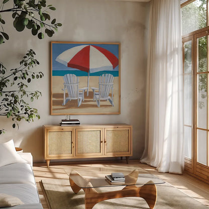 Day at the Beach IV v2 by Kathrine Lovell. Shown in a natural wood frame in a cozy modern living room. Available as an archival giclee rolled canvas, fine art paper, or poster print. SKU 43326a.