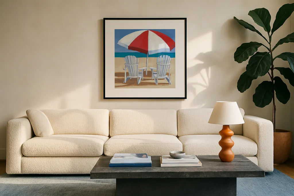 Day at the Beach IV v2 by Kathrine Lovell. Displayed in a glass frame with matte in a clean modern living room. Available as an archival giclee rolled canvas, fine art paper, or poster print. SKU 43326a.