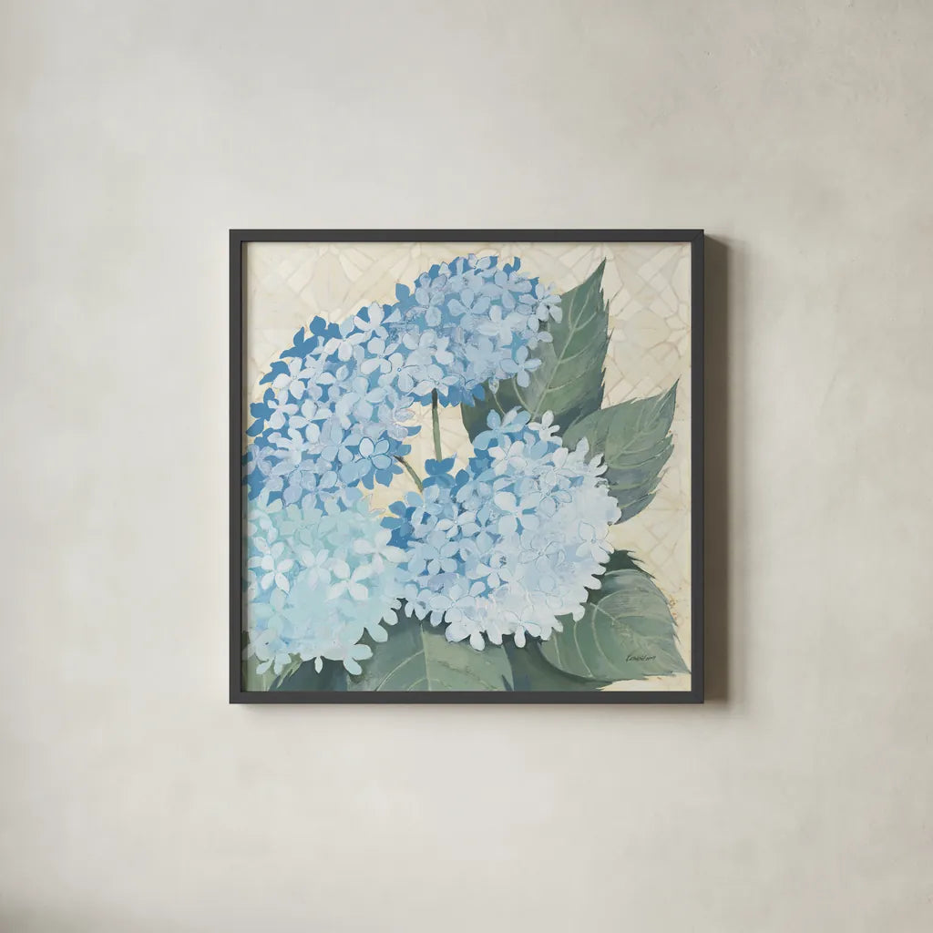 Decorative Hydrangea II Providence by Kathrine Lovell. Shown in a sleek black glass frame for a contemporary gallery look. Available as an archival giclee rolled canvas, fine art paper, or poster print. SKU 82163a.