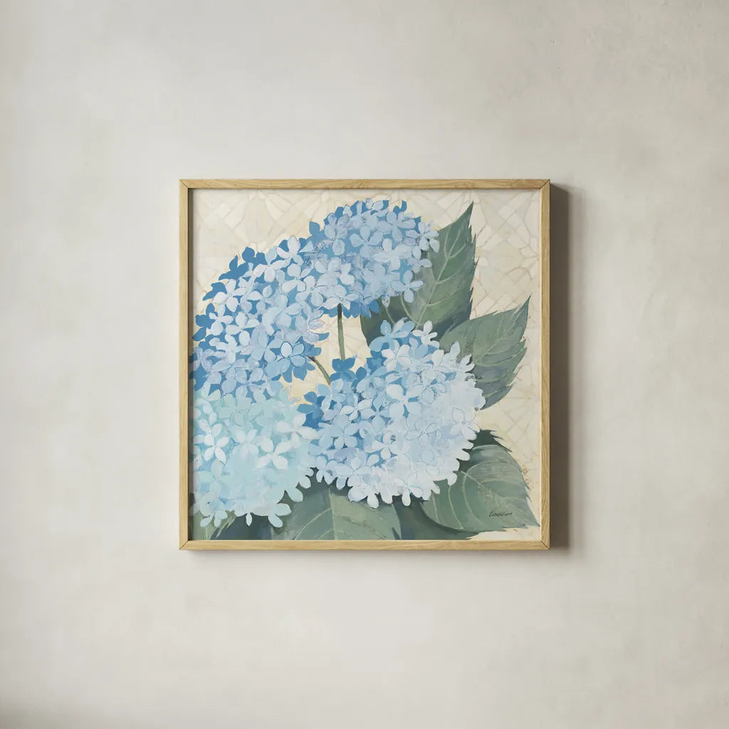 Decorative Hydrangea II Providence by Kathrine Lovell. Shown in a natural wood glass frame for a timeless modern aesthetic. Available as an archival giclee rolled canvas, fine art paper, or poster print. SKU 82163a.