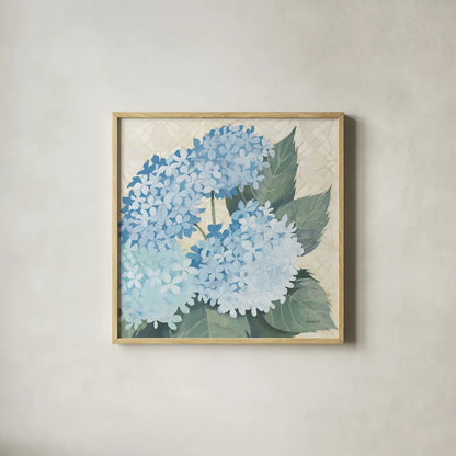 Decorative Hydrangea II Providence by Kathrine Lovell. Shown in a natural wood glass frame for a timeless modern aesthetic. Available as an archival giclee rolled canvas, fine art paper, or poster print. SKU 82163a.