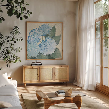 Decorative Hydrangea II Providence by Kathrine Lovell. Shown in a natural wood frame in a cozy modern living room. Available as an archival giclee rolled canvas, fine art paper, or poster print. SKU 82163a.