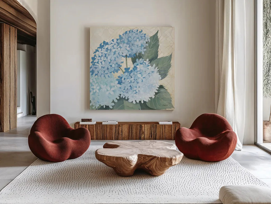 Decorative Hydrangea II Providence by Kathrine Lovell. Shown as extra-large giant wall art in a modern living room. Available as an archival giclee rolled canvas, fine art paper, or poster print. SKU 82163a.