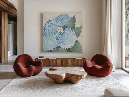 Decorative Hydrangea II Providence by Kathrine Lovell. Shown as extra-large giant wall art in a modern living room. Available as an archival giclee rolled canvas, fine art paper, or poster print. SKU 82163a.