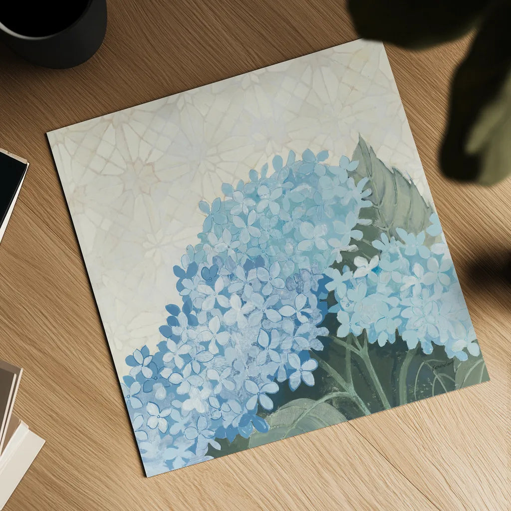Decorative Hydrangea III Providence by Kathrine Lovell. Shown as a detailed flat fine art print, highlighting archival giclee quality. Available as an archival giclee rolled canvas, fine art paper, or poster print. SKU 82164a.