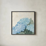 Decorative Hydrangea III Providence by Kathrine Lovell. Shown in a sleek black glass frame for a contemporary gallery look. Available as an archival giclee rolled canvas, fine art paper, or poster print. SKU 82164a.