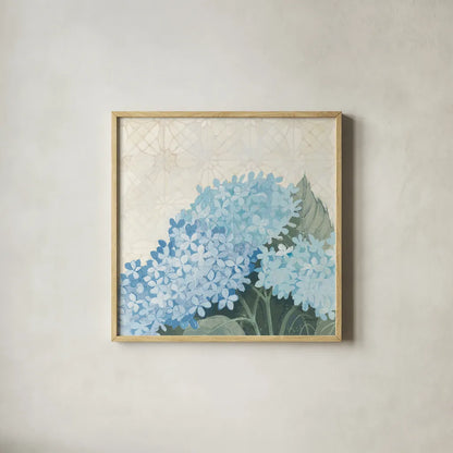 Decorative Hydrangea III Providence by Kathrine Lovell. Shown in a natural wood glass frame for a timeless modern aesthetic. Available as an archival giclee rolled canvas, fine art paper, or poster print. SKU 82164a.
