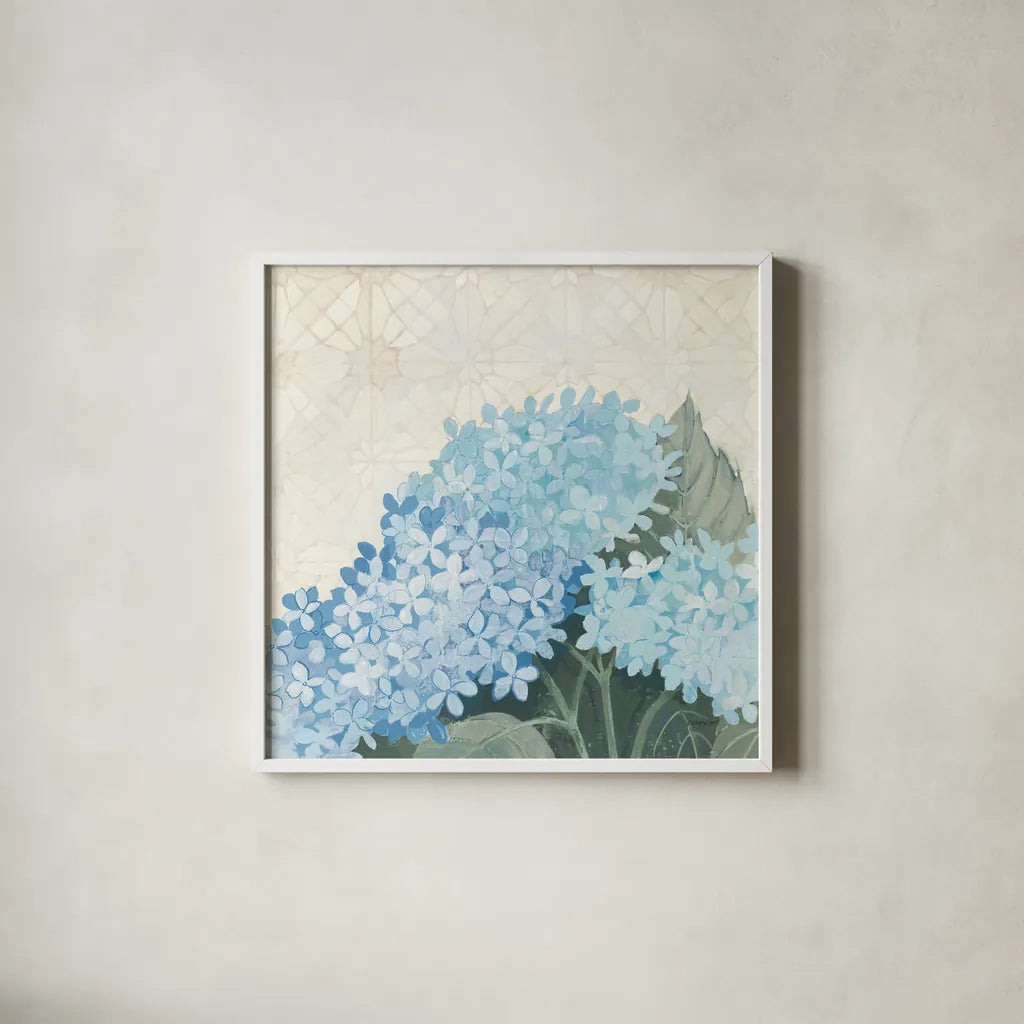 Decorative Hydrangea III Providence by Kathrine Lovell. Shown in a crisp white glass frame for a clean and minimalist style. Available as an archival giclee rolled canvas, fine art paper, or poster print. SKU 82164a.