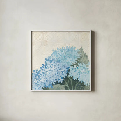 Decorative Hydrangea III Providence by Kathrine Lovell. Shown in a crisp white glass frame for a clean and minimalist style. Available as an archival giclee rolled canvas, fine art paper, or poster print. SKU 82164a.