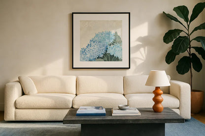 Decorative Hydrangea III Providence by Kathrine Lovell. Displayed in a glass frame with matte in a clean modern living room. Available as an archival giclee rolled canvas, fine art paper, or poster print. SKU 82164a.