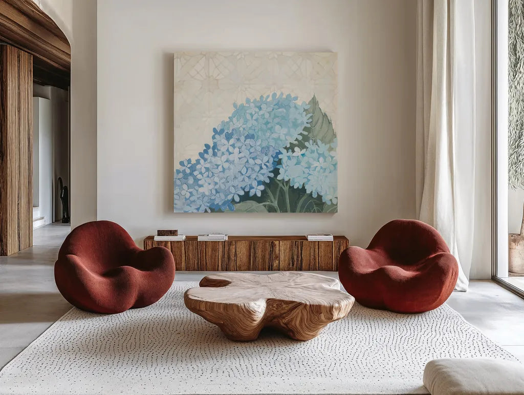 Decorative Hydrangea III Providence by Kathrine Lovell. Shown as extra-large giant wall art in a modern living room. Available as an archival giclee rolled canvas, fine art paper, or poster print. SKU 82164a.