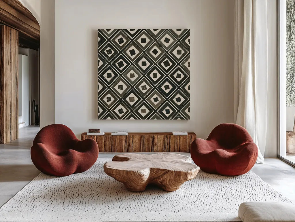 Diagonal Squares Light by Kathrine Lovell. Shown as extra-large giant wall art in a modern living room. Available as an archival giclee rolled canvas, fine art paper, or poster print. SKU 31330a.
