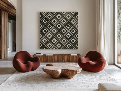 Diagonal Squares Light by Kathrine Lovell. Shown as extra-large giant wall art in a modern living room. Available as an archival giclee rolled canvas, fine art paper, or poster print. SKU 31330a.