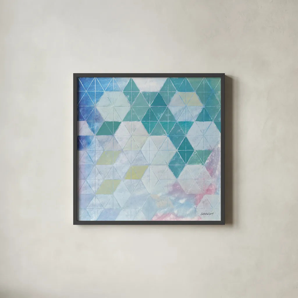 Disappearing Triangles by Kathrine Lovell. Shown in a sleek black glass frame for a contemporary gallery look. Available as an archival giclee rolled canvas, fine art paper, or poster print. SKU 77882a.