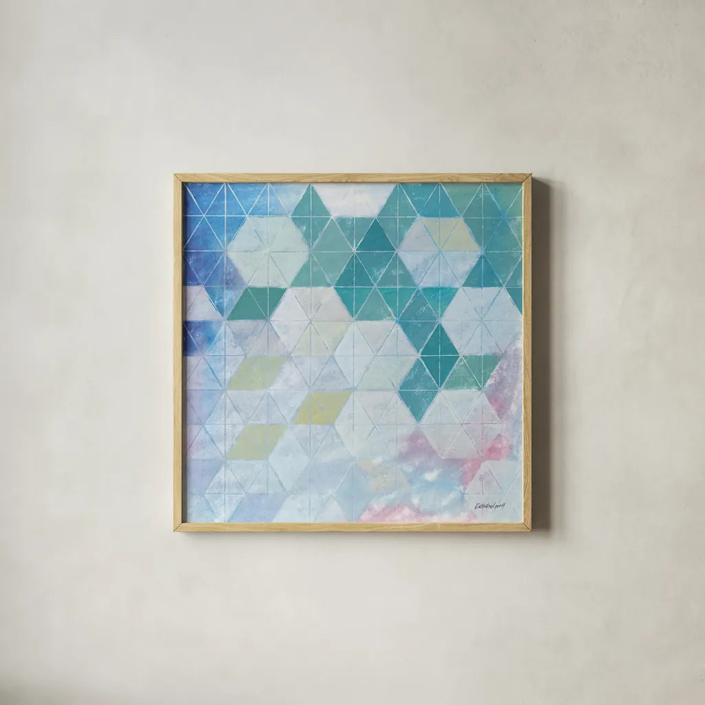 Disappearing Triangles by Kathrine Lovell. Shown in a natural wood glass frame for a timeless modern aesthetic. Available as an archival giclee rolled canvas, fine art paper, or poster print. SKU 77882a.