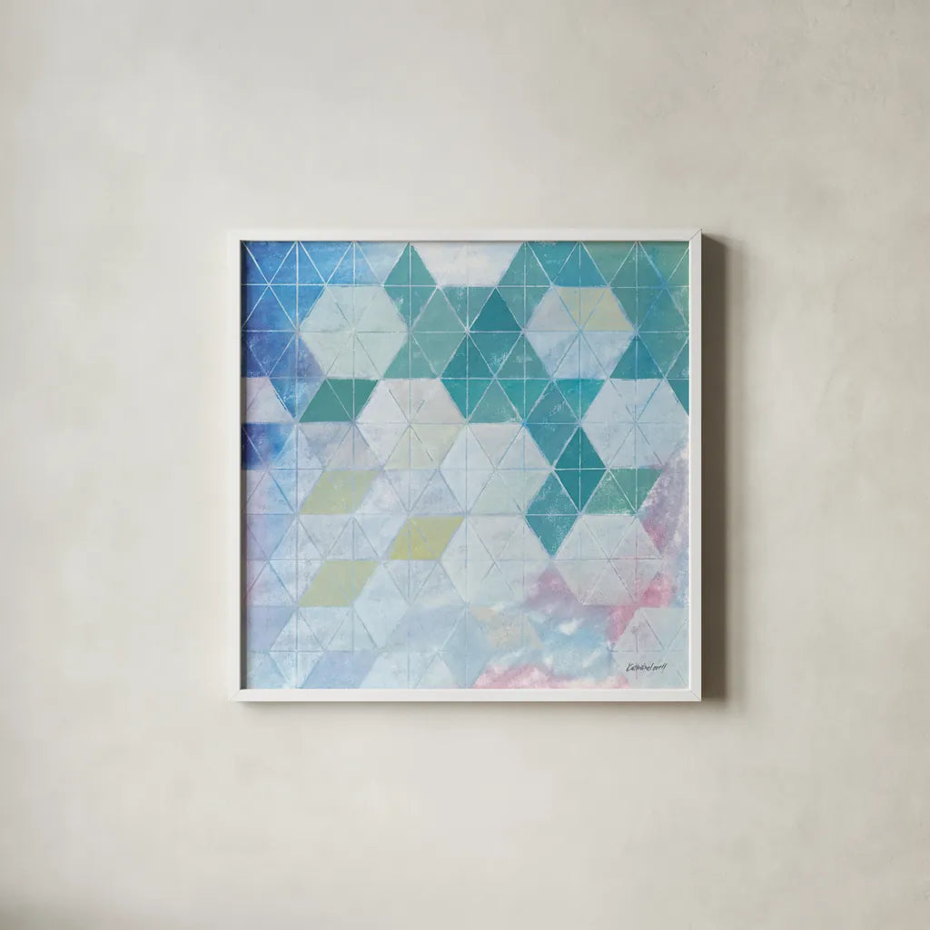 Disappearing Triangles by Kathrine Lovell. Shown in a crisp white glass frame for a clean and minimalist style. Available as an archival giclee rolled canvas, fine art paper, or poster print. SKU 77882a.