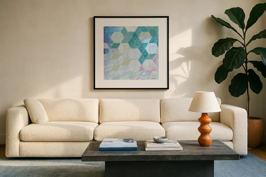 Disappearing Triangles by Kathrine Lovell. Displayed in a glass frame with matte in a clean modern living room. Available as an archival giclee rolled canvas, fine art paper, or poster print. SKU 77882a.