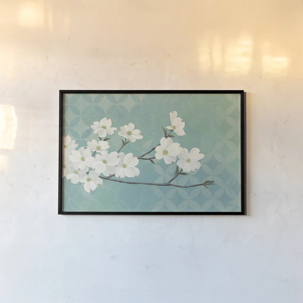 Dogwood Blossoms by Kathrine Lovell. shown as a paper print in a black flame. Available as a archival giclee rolled canvas, fine art paper, or poster print. SKU 21523i.
